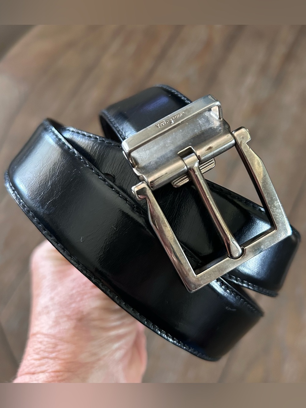 Salvatore Ferragamo Black Leather Belt with Silver-Tone Buckle